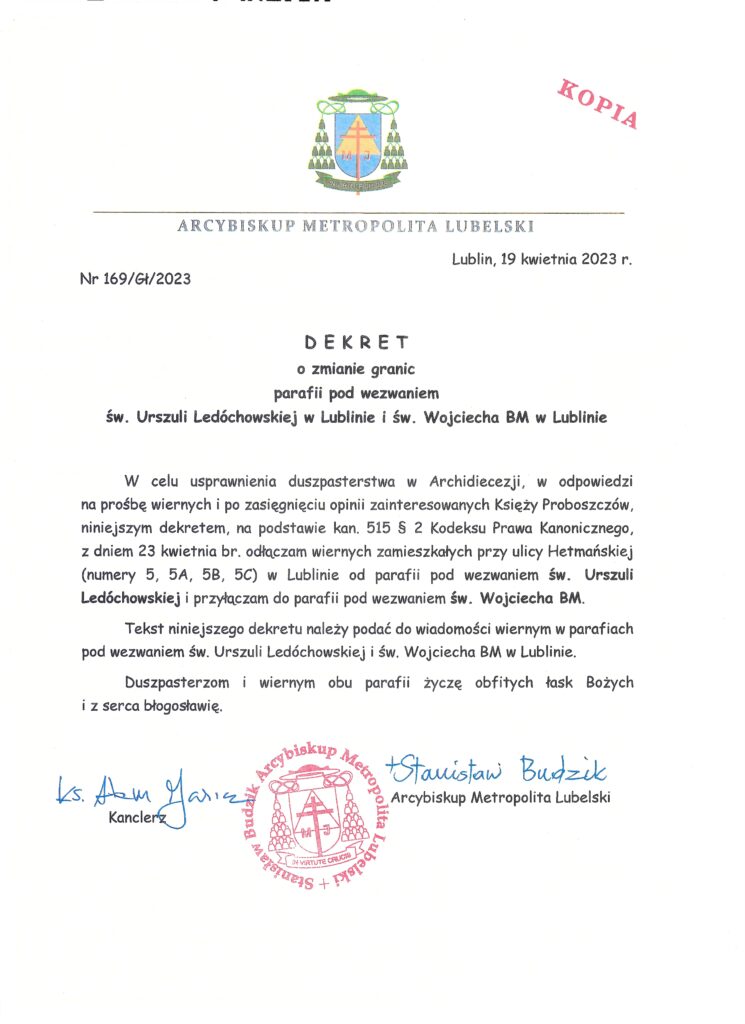 dekret biskupa o zmianie granic parafii św wojciecha w Lublinie
